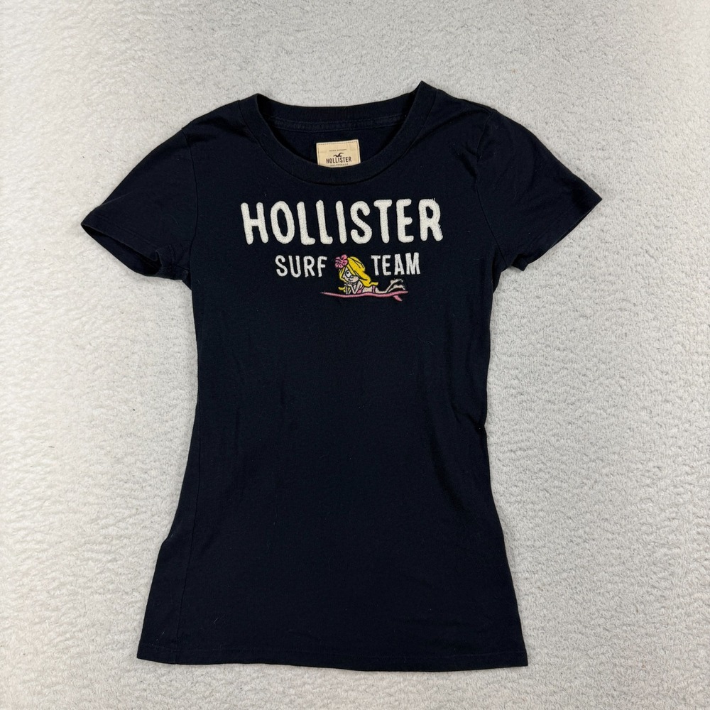 Hollister Navy Surfing Girl Womens SS Tee T-Shirt Size S Bettys Y2K 2000s